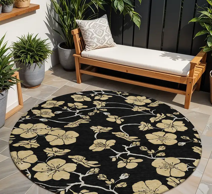 8' Black And Gold Round Floral Washable Indoor Outdoor Area Rug Photo 1