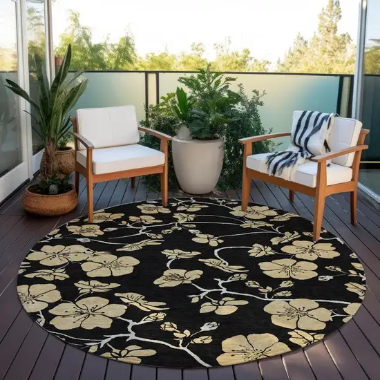 8' Black And Gold Round Floral Washable Indoor Outdoor Area Rug Photo 6