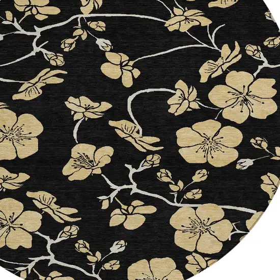 8' Black And Gold Round Floral Washable Indoor Outdoor Area Rug Photo 4