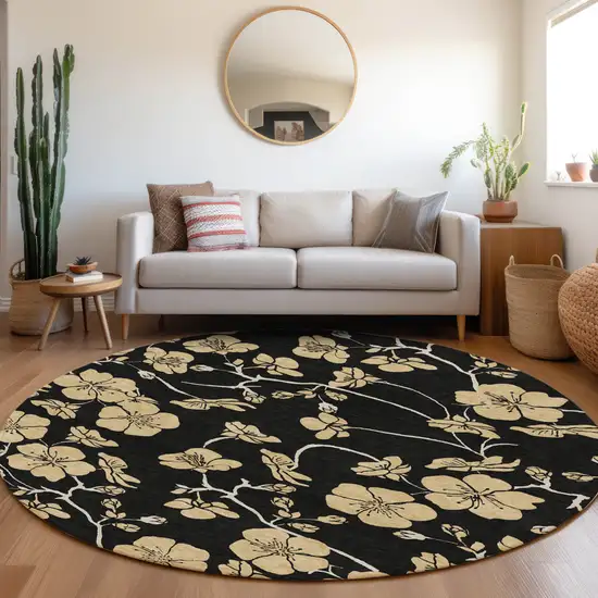 8' Black And Gold Round Floral Washable Indoor Outdoor Area Rug Photo 7