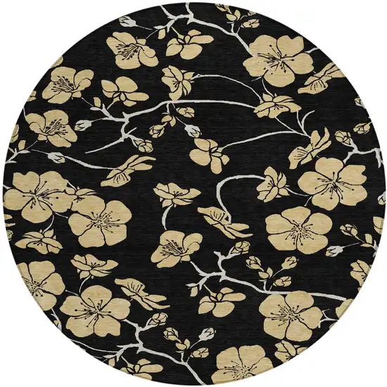 8' Black And Gold Round Floral Washable Indoor Outdoor Area Rug Photo 2