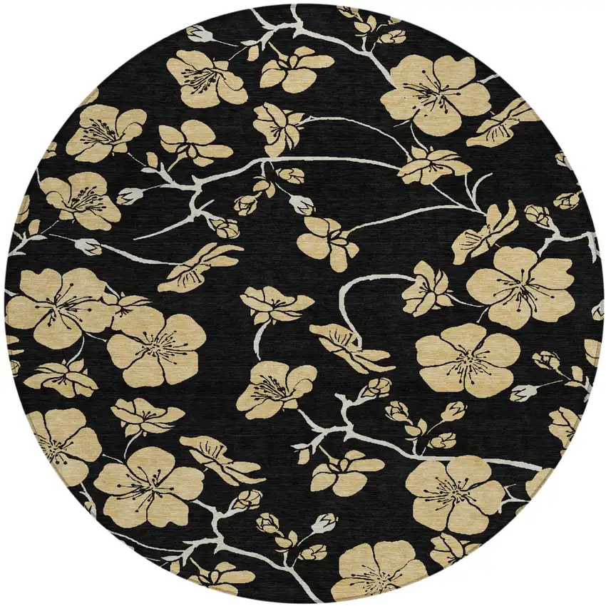 8' Black And Gold Round Floral Washable Indoor Outdoor Area Rug Photo 2