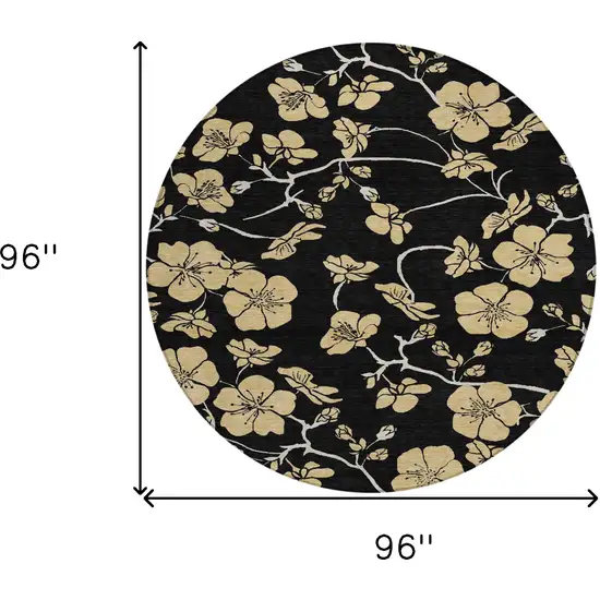 8' Black And Gold Round Floral Washable Indoor Outdoor Area Rug Photo 3