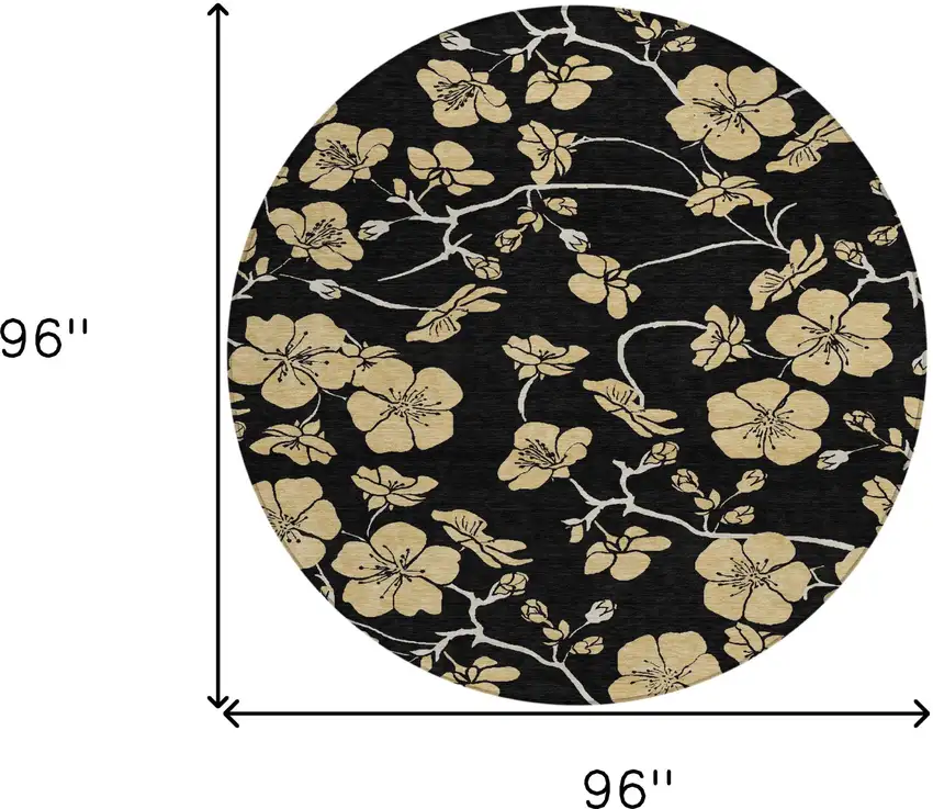 8' Black And Gold Round Floral Washable Indoor Outdoor Area Rug Photo 3