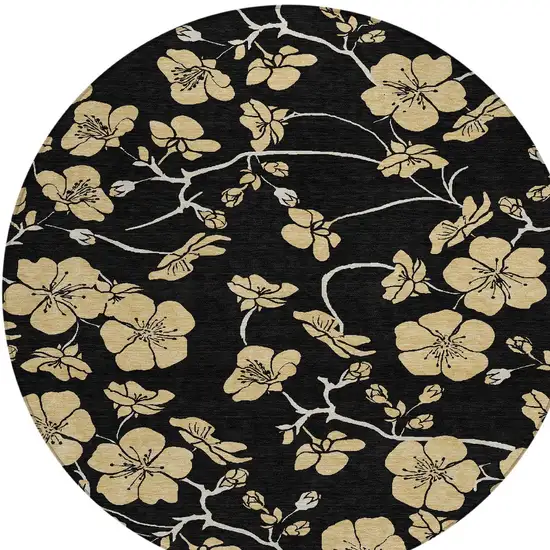 8' Black And Gold Round Floral Washable Indoor Outdoor Area Rug Photo 5
