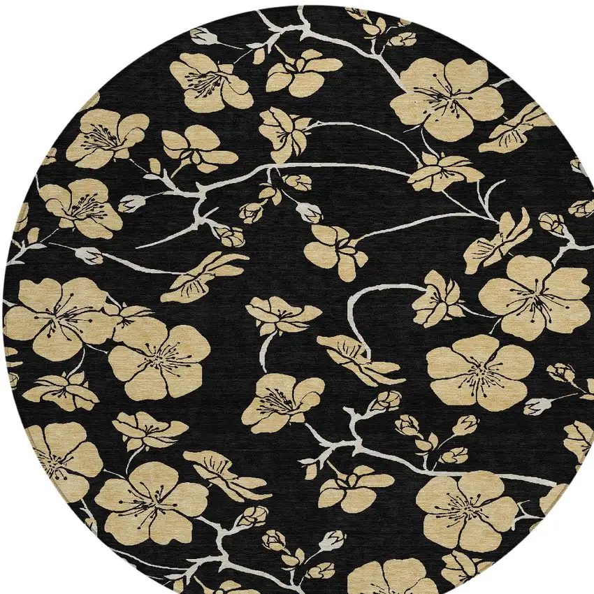 8' Black And Gold Round Floral Washable Indoor Outdoor Area Rug Photo 5