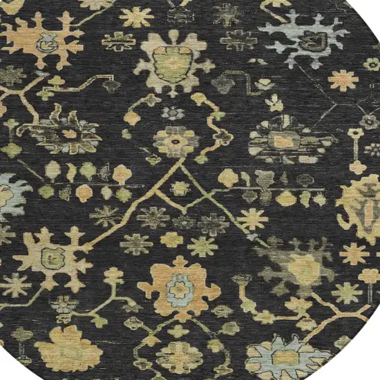 8' Black And Gold Round Floral Washable Indoor Outdoor Area Rug Photo 8