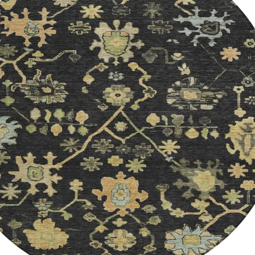 8' Black And Gold Round Floral Washable Indoor Outdoor Area Rug Photo 8