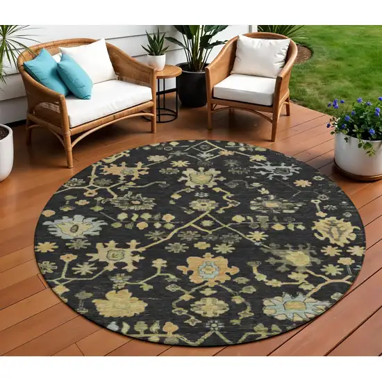 8' Black And Gold Round Floral Washable Indoor Outdoor Area Rug Photo 2