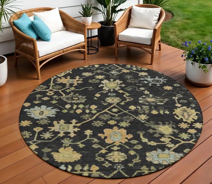 8' Black And Gold Round Floral Washable Indoor Outdoor Area Rug Photo 2
