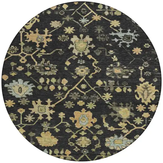 8' Black And Gold Round Floral Washable Indoor Outdoor Area Rug Photo 3