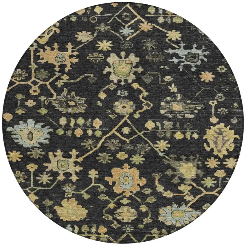 8' Black And Gold Round Floral Washable Indoor Outdoor Area Rug Photo 3