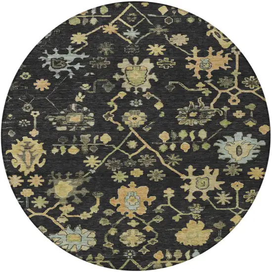 8' Black And Gold Round Floral Washable Indoor Outdoor Area Rug Photo 4