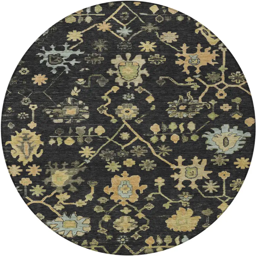 8' Black And Gold Round Floral Washable Indoor Outdoor Area Rug Photo 4