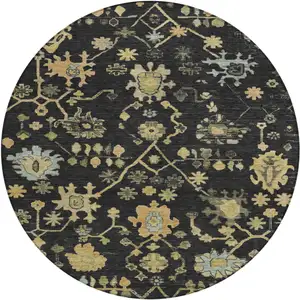 Photo of 8' Black And Gold Round Floral Washable Indoor Outdoor Area Rug