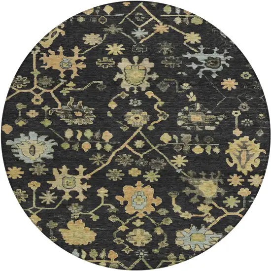 8' Black And Gold Round Floral Washable Indoor Outdoor Area Rug Photo 1