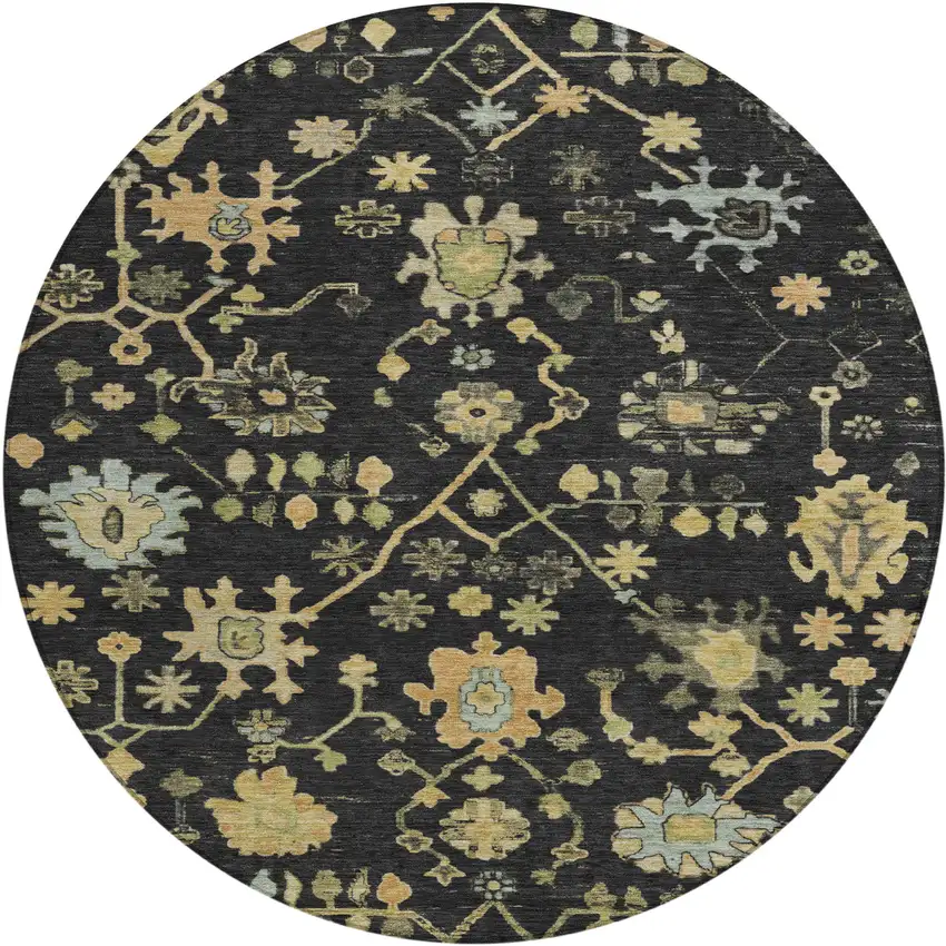8' Black And Gold Round Floral Washable Indoor Outdoor Area Rug Photo 1