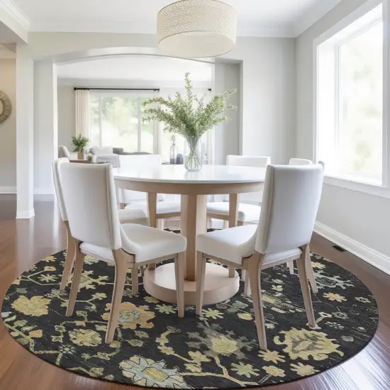 8' Black And Gold Round Floral Washable Indoor Outdoor Area Rug Photo 6