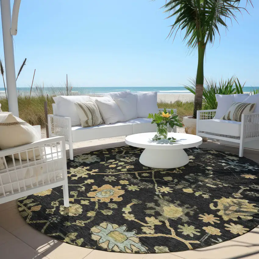 8' Black And Gold Round Floral Washable Indoor Outdoor Area Rug Photo 5