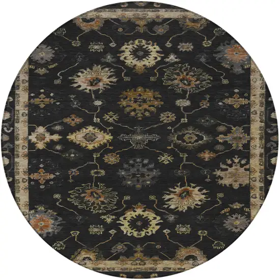 8' Black And Gold Round Floral Washable Indoor Outdoor Area Rug Photo 3