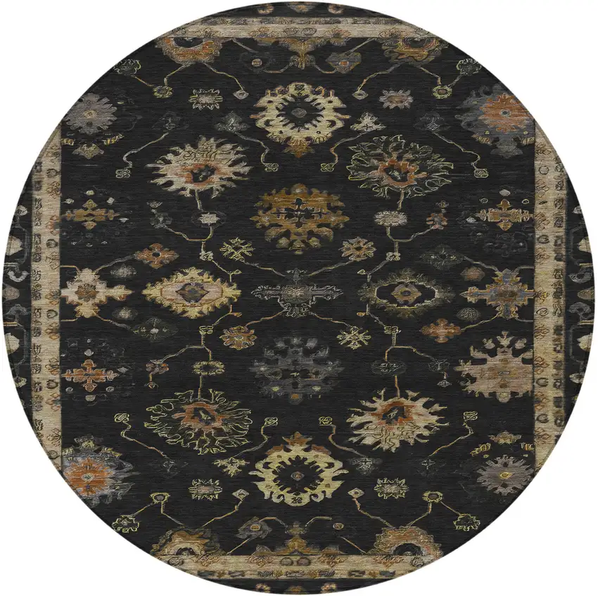 8' Black And Gold Round Floral Washable Indoor Outdoor Area Rug Photo 3