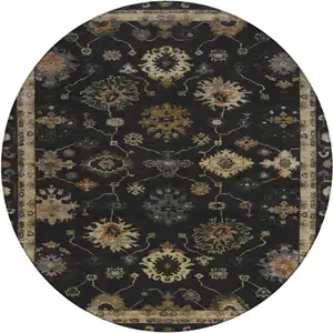 Photo of 8' Black And Gold Round Floral Washable Indoor Outdoor Area Rug