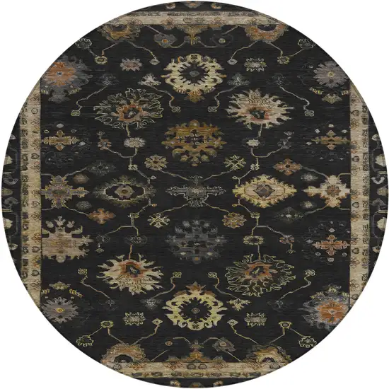 8' Black And Gold Round Floral Washable Indoor Outdoor Area Rug Photo 1