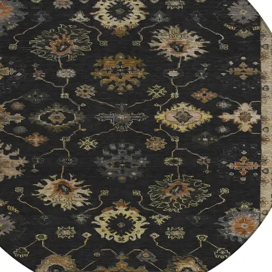8' Black And Gold Round Floral Washable Indoor Outdoor Area Rug Photo 8