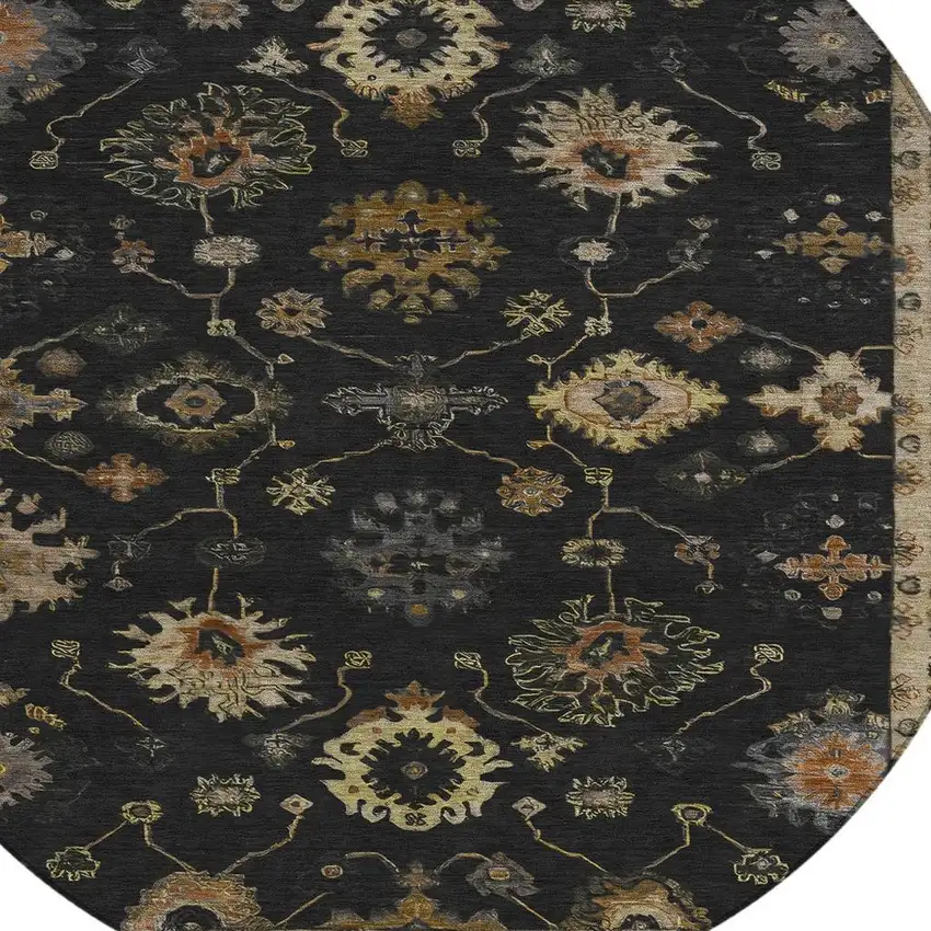 8' Black And Gold Round Floral Washable Indoor Outdoor Area Rug Photo 8