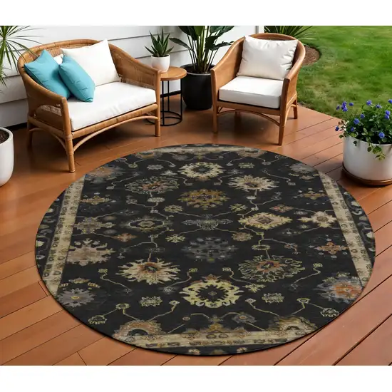 8' Black And Gold Round Floral Washable Indoor Outdoor Area Rug Photo 2