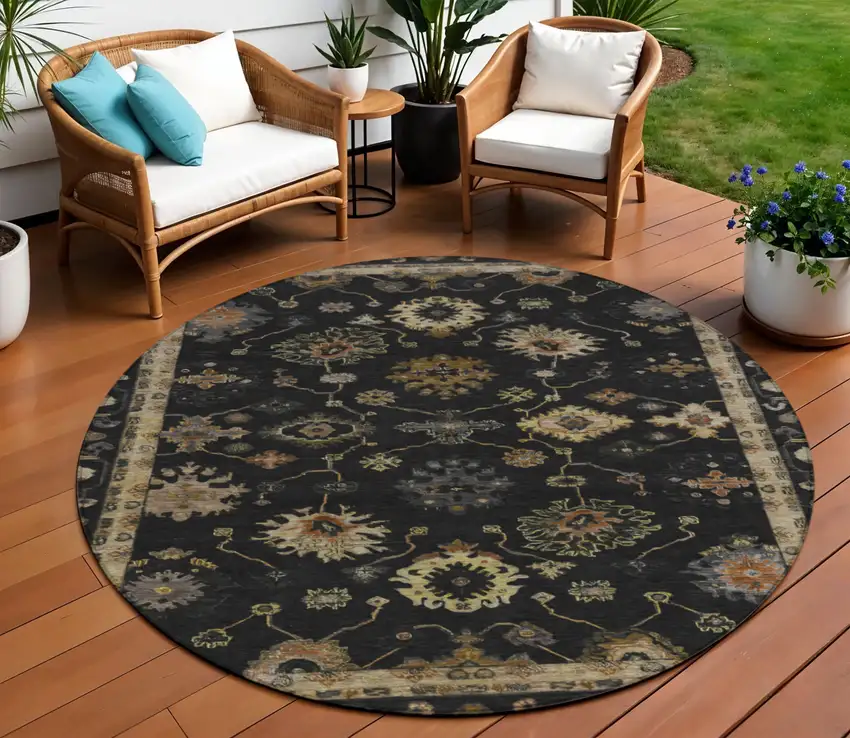 8' Black And Gold Round Floral Washable Indoor Outdoor Area Rug Photo 2