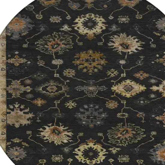 8' Black And Gold Round Floral Washable Indoor Outdoor Area Rug Photo 4