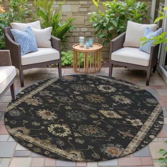 8' Black And Gold Round Floral Washable Indoor Outdoor Area Rug Photo 5