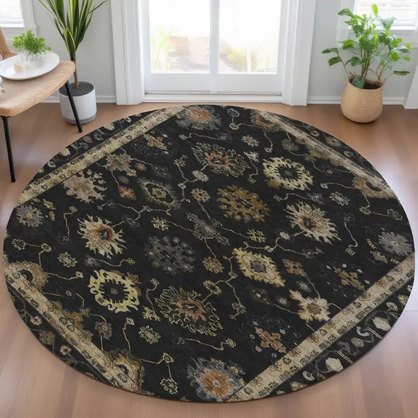 8' Black And Gold Round Floral Washable Indoor Outdoor Area Rug Photo 6