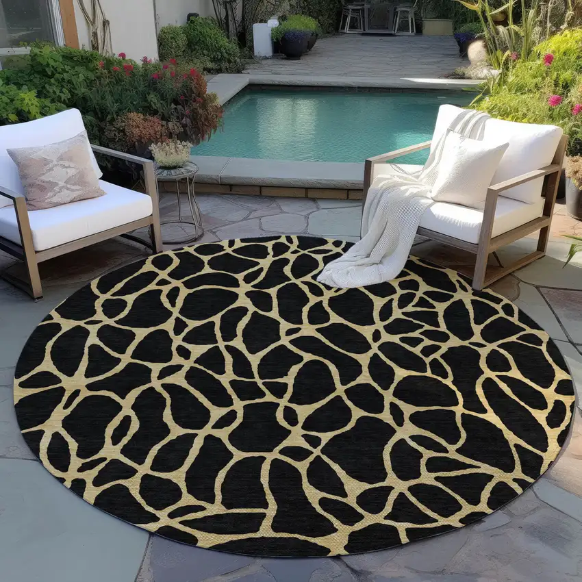 8' Black And Gold Round Geometric Washable Indoor Outdoor Area Rug Photo 6