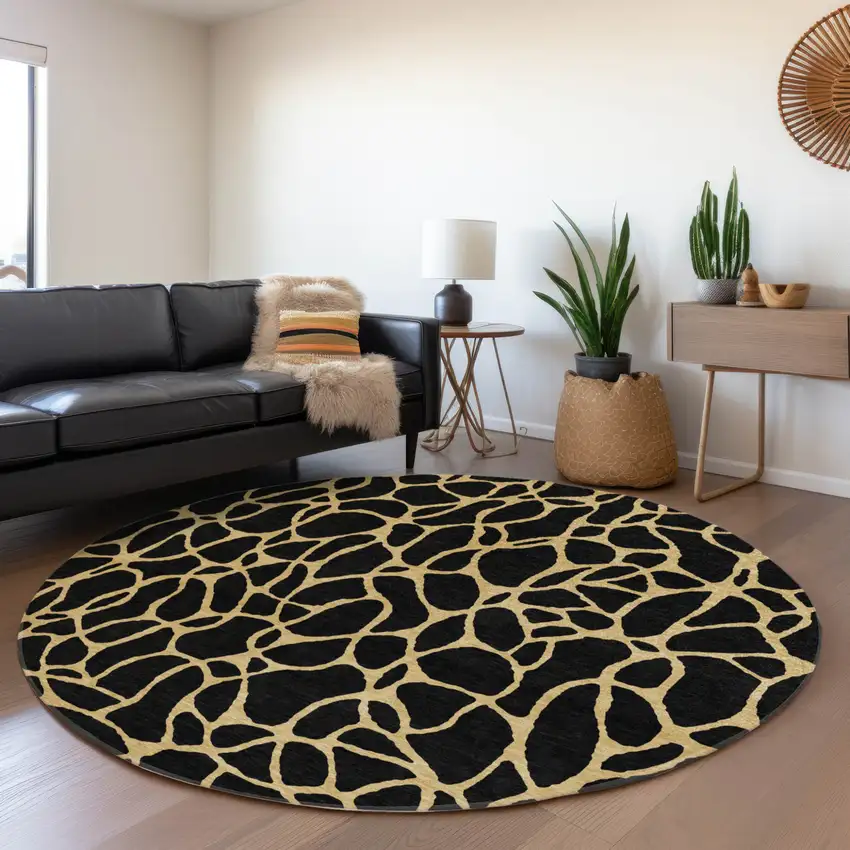 8' Black And Gold Round Geometric Washable Indoor Outdoor Area Rug Photo 7