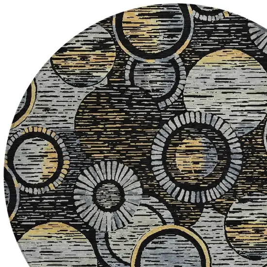 8' Black And Gold Round Geometric Washable Indoor Outdoor Area Rug Photo 5