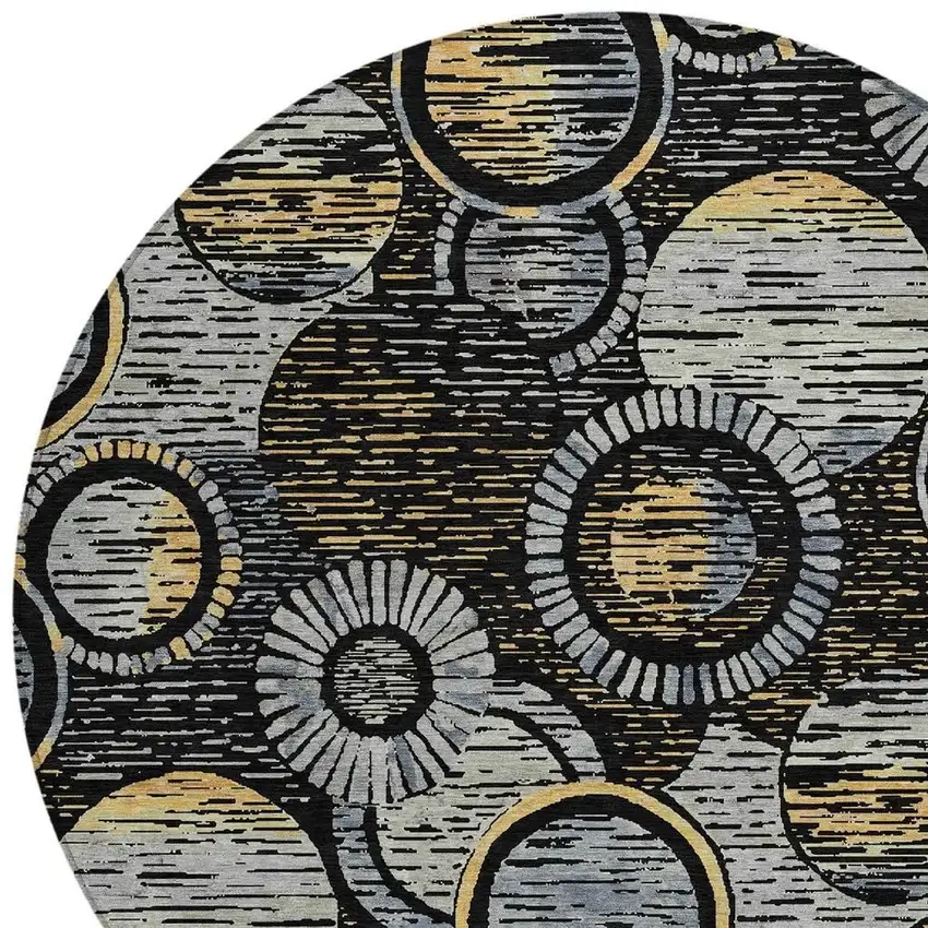 8' Black And Gold Round Geometric Washable Indoor Outdoor Area Rug Photo 5
