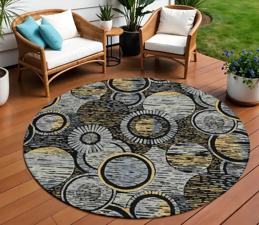8' Black And Gold Round Geometric Washable Indoor Outdoor Area Rug Photo 2