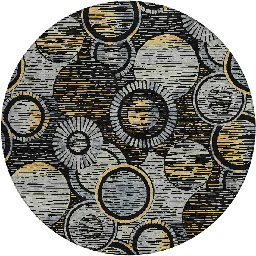 8' Black And Gold Round Geometric Washable Indoor Outdoor Area Rug Photo 1