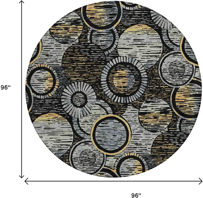 8' Black And Gold Round Geometric Washable Indoor Outdoor Area Rug Photo 9