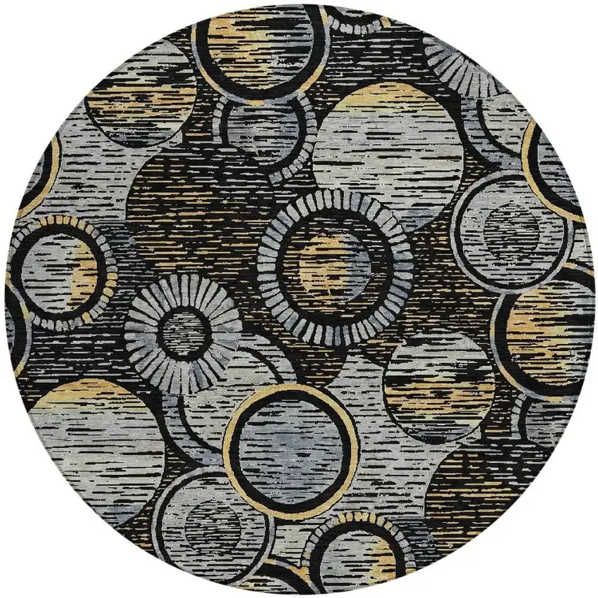 8' Black And Gold Round Geometric Washable Indoor Outdoor Area Rug Photo 3