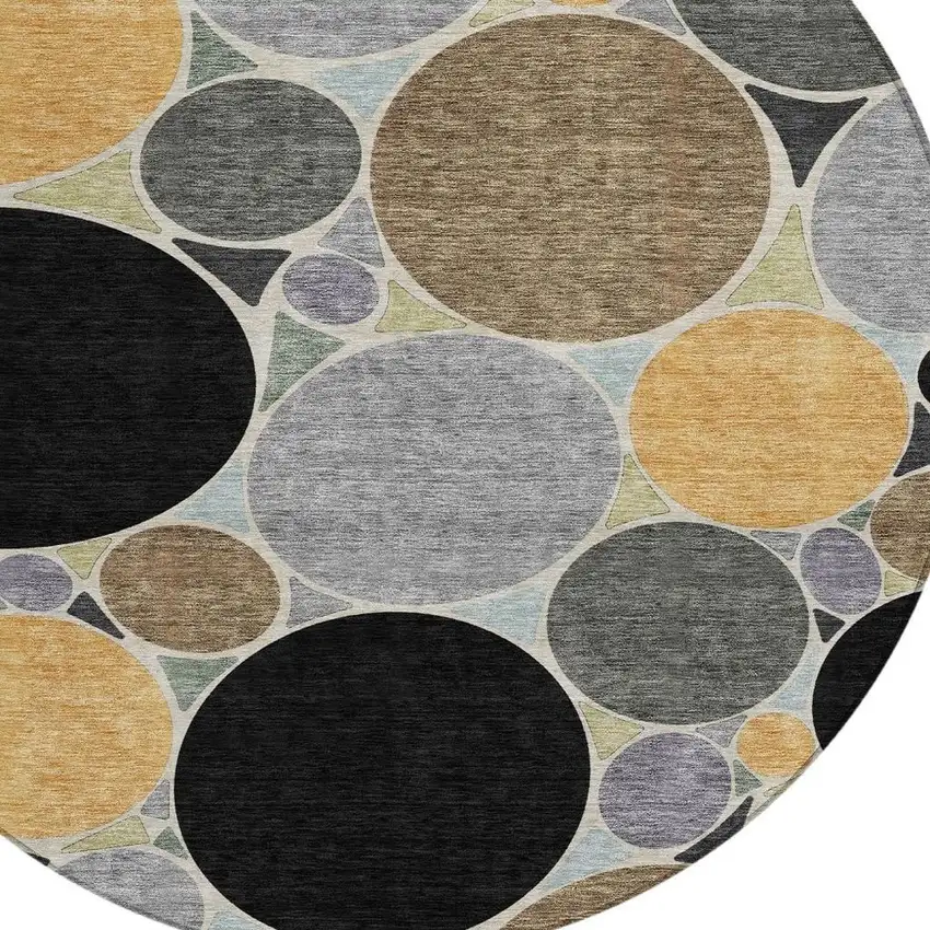 8' Black And Gold Round Geometric Washable Indoor Outdoor Area Rug Photo 2
