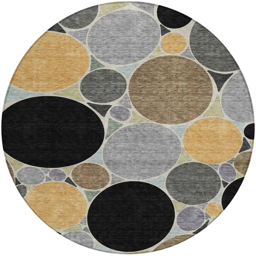 8' Black And Gold Round Geometric Washable Indoor Outdoor Area Rug Photo 3
