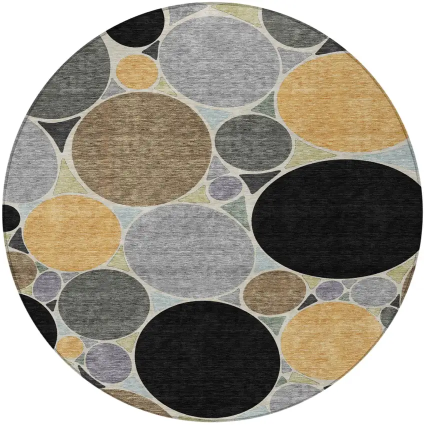 8' Black And Gold Round Geometric Washable Indoor Outdoor Area Rug Photo 4