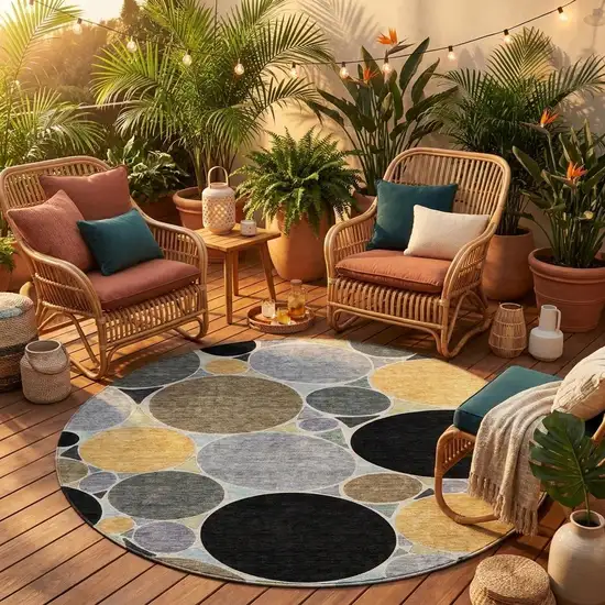 8' Black And Gold Round Geometric Washable Indoor Outdoor Area Rug Photo 1