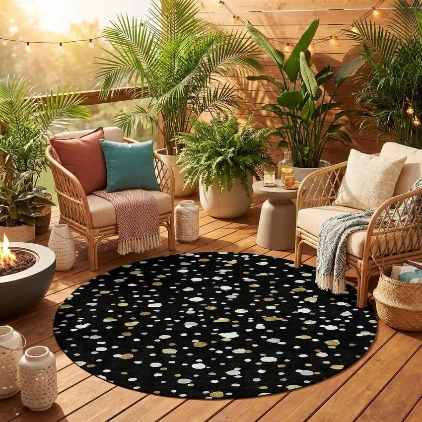 8' Black And Gold Round Geometric Washable Indoor Outdoor Area Rug Photo 1