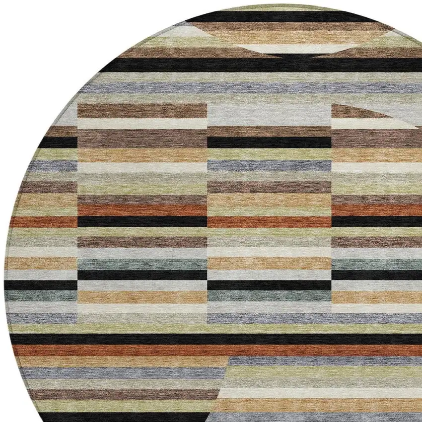 8' Black And Gold Round Striped Washable Indoor Outdoor Area Rug Photo 2