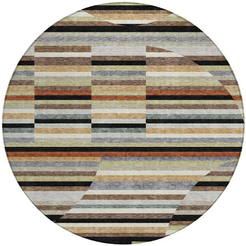 8' Black And Gold Round Striped Washable Indoor Outdoor Area Rug Photo 3