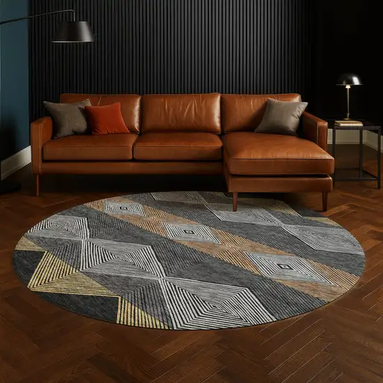 8' Black And Granite Gray Round Geometric Washable Indoor Outdoor Area Rug Photo 5